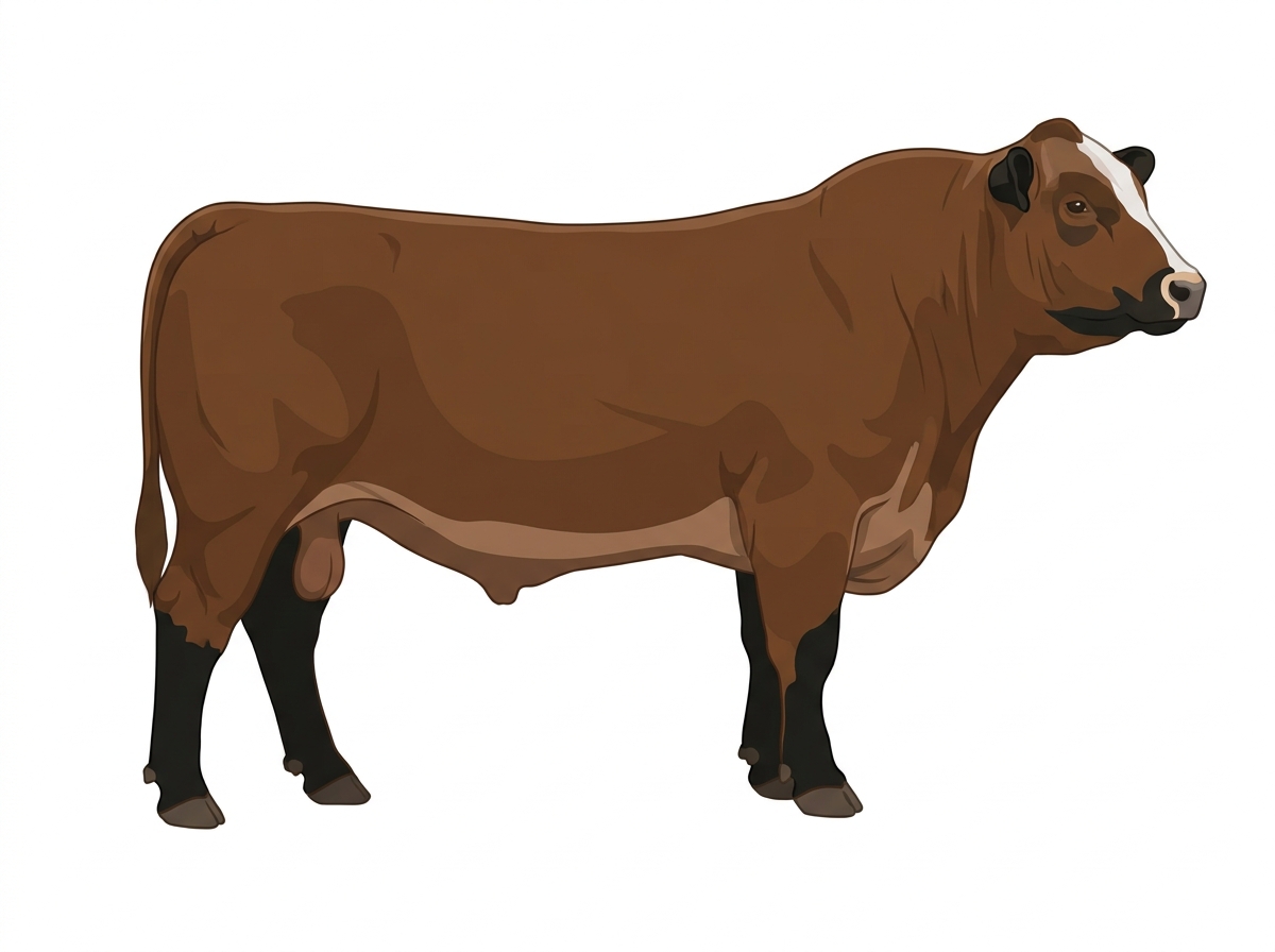 Brown with black points, a pale muzzle ring and lighter underline and a partial white face 3/4 Braunvieh 1/4 Simmental Bull