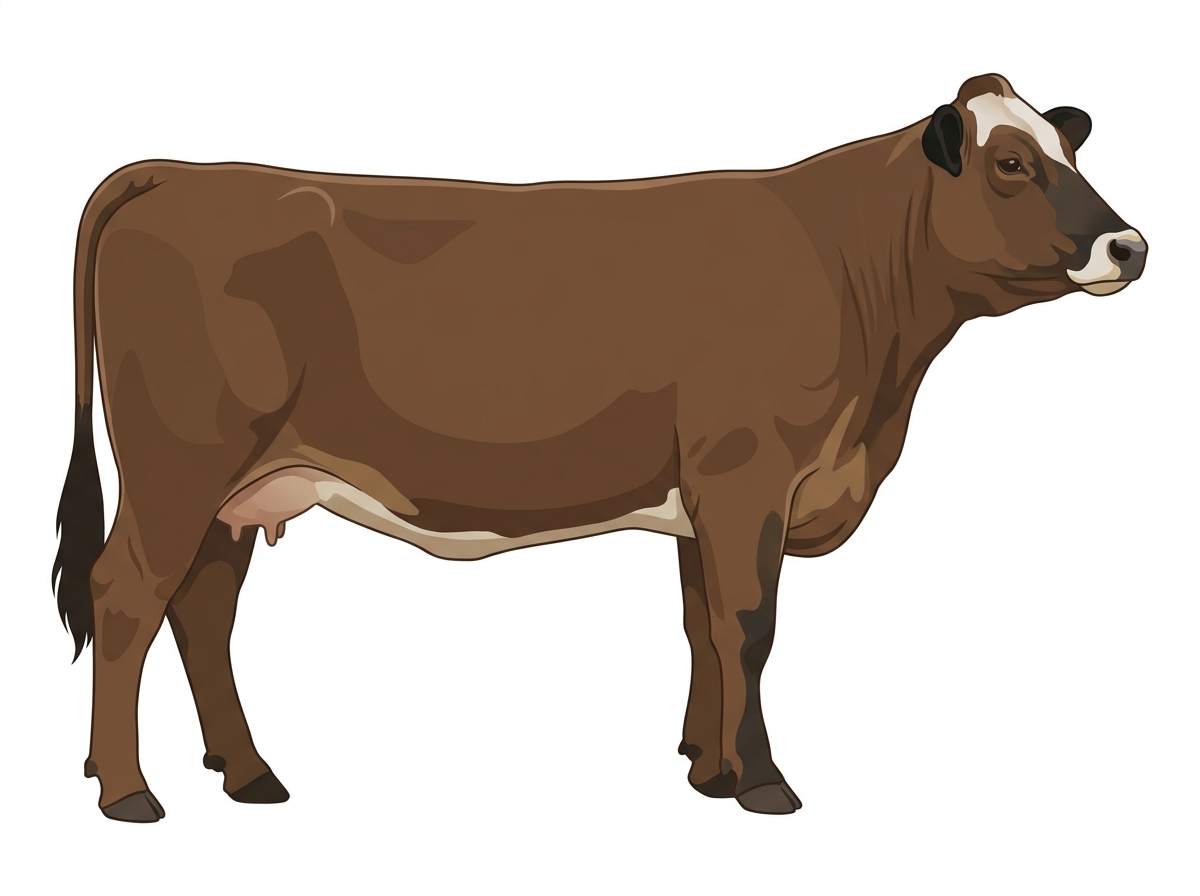 Brown with black points, a pale muzzle ring and lighter underline and a partial white face 3/4 Braunvieh 1/4 Simmental Cow
