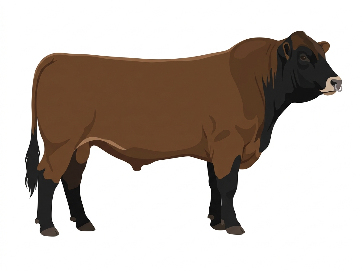 Brown with black points and a pale muzzle ring and lighter underline 3/4 Braunvieh 1/4 Simmental Bull