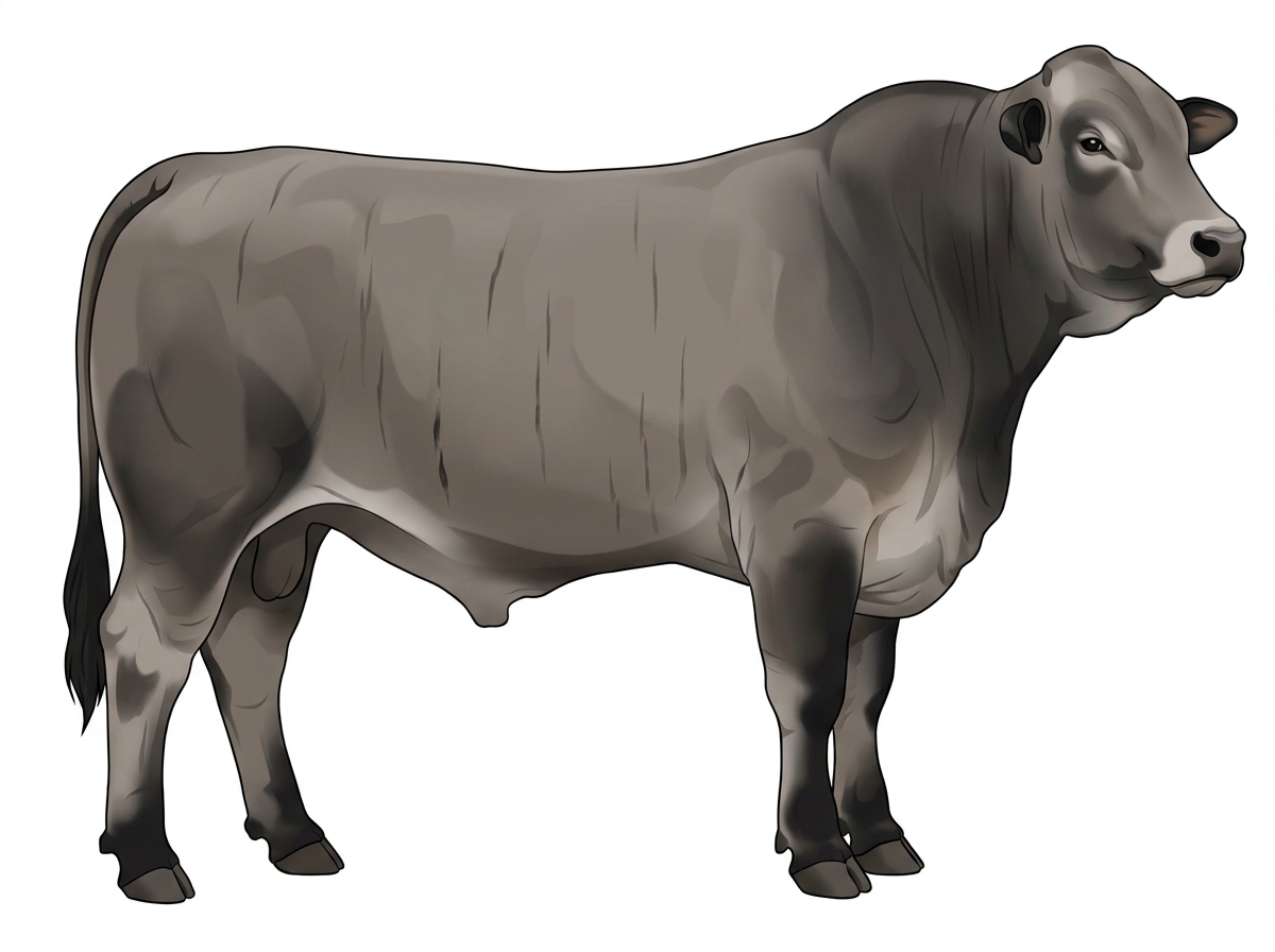 Gray brindle with faint black striping and black points 3/4 Chianina 1/4 Brahman Bull