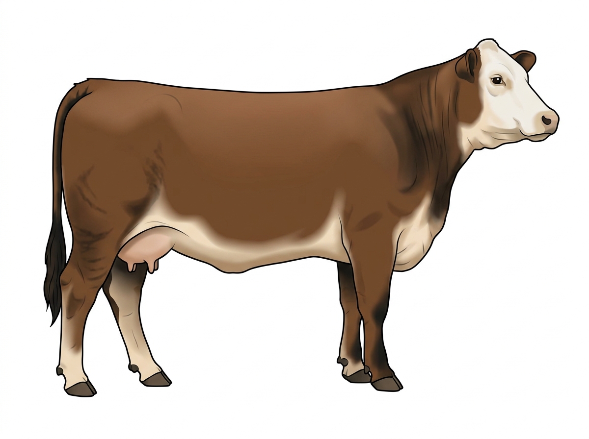 Brown brindle with faint black striping, black points and a white face 3/4 Hereford 1/4 Brahman Cow
