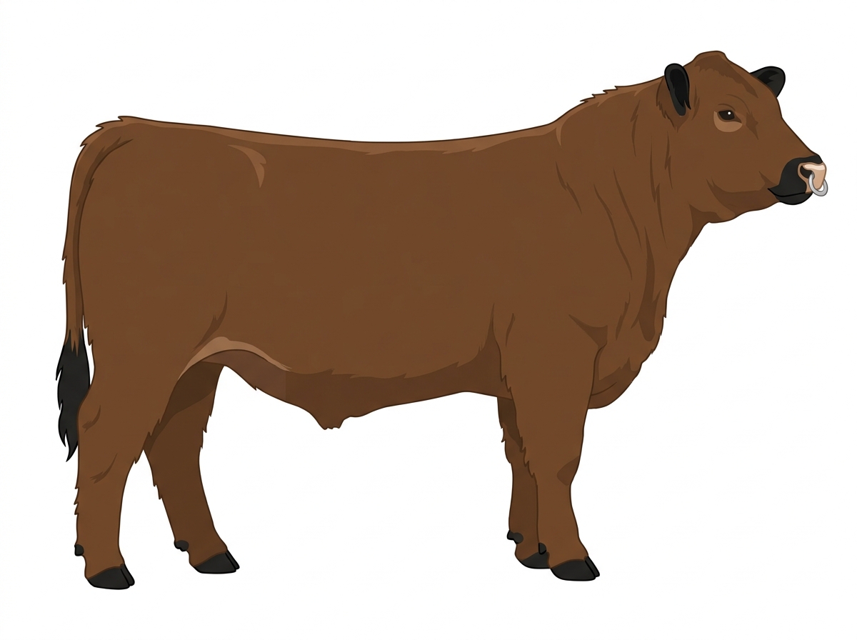 Brown with black points and a pale muzzle ring and lighter underline 3/4 Highlander Cross Steer