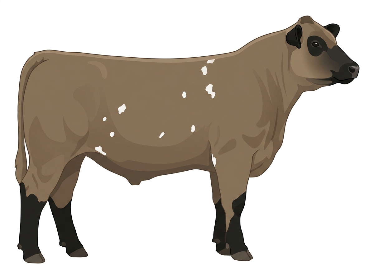 Dun with black points and a few white spots 3/4 Highlander Cross Steer
