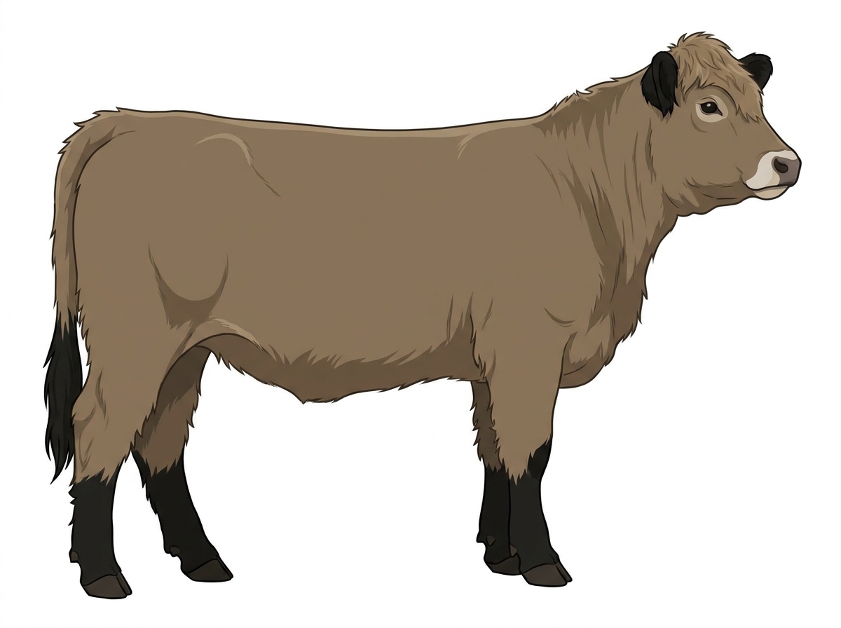 Dun with black points and a pale muzzle ring and lighter underline 3/4 Highlander Cross Heifer
