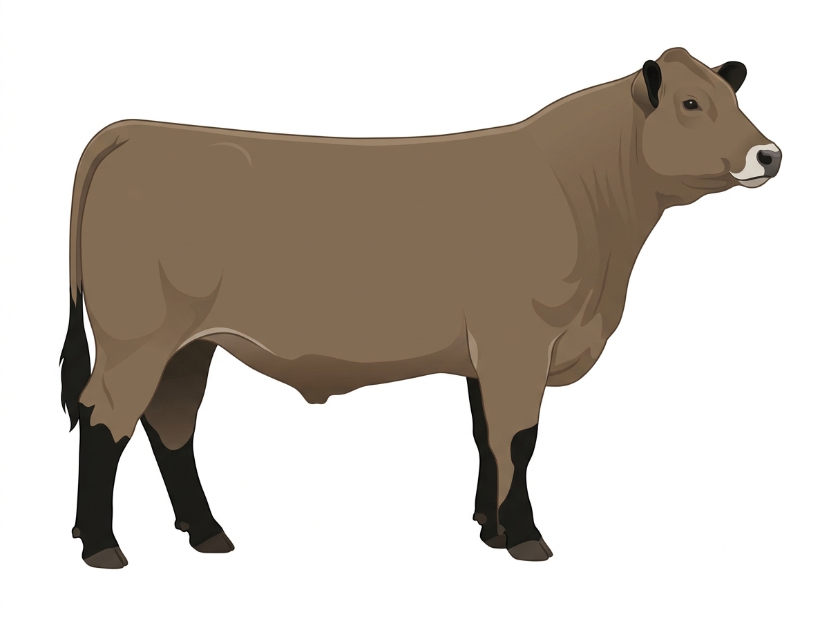 Dun with black points and a pale muzzle ring and lighter underline 3/4 Highlander Cross Steer
