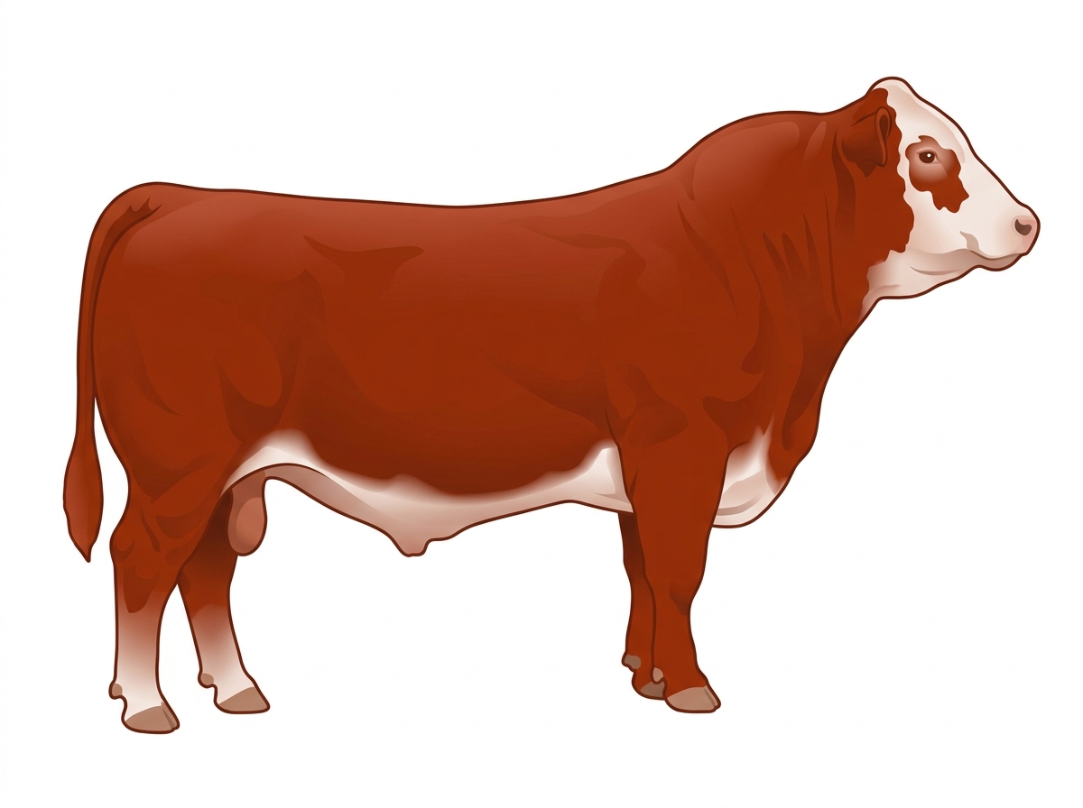Red with a pale muzzle ring and lighter underline and a partial white face 3/4 Limousin 1/4 Simmental Bull