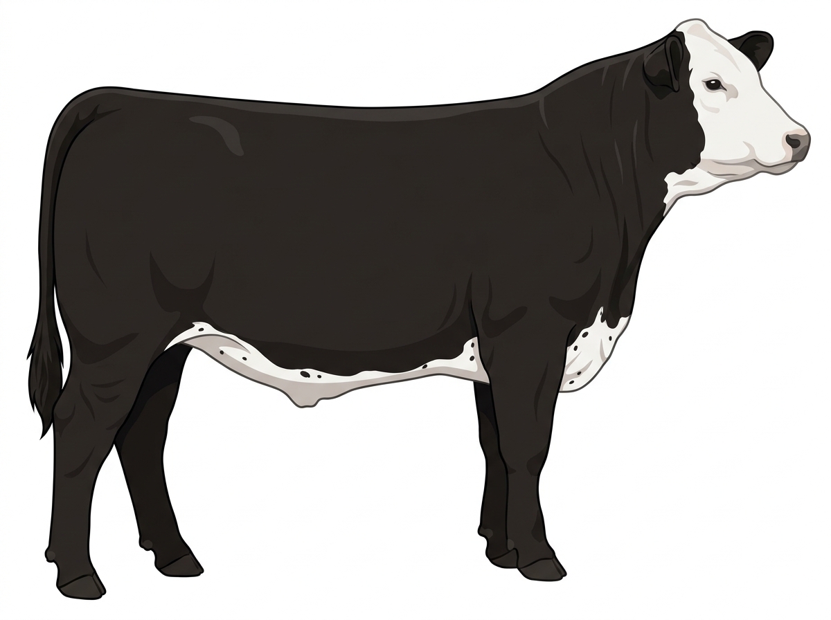 Black with a full white face, white brisket and underline and ticking in the white 3/4 Simmental 1/4 Belted Galloway Steer