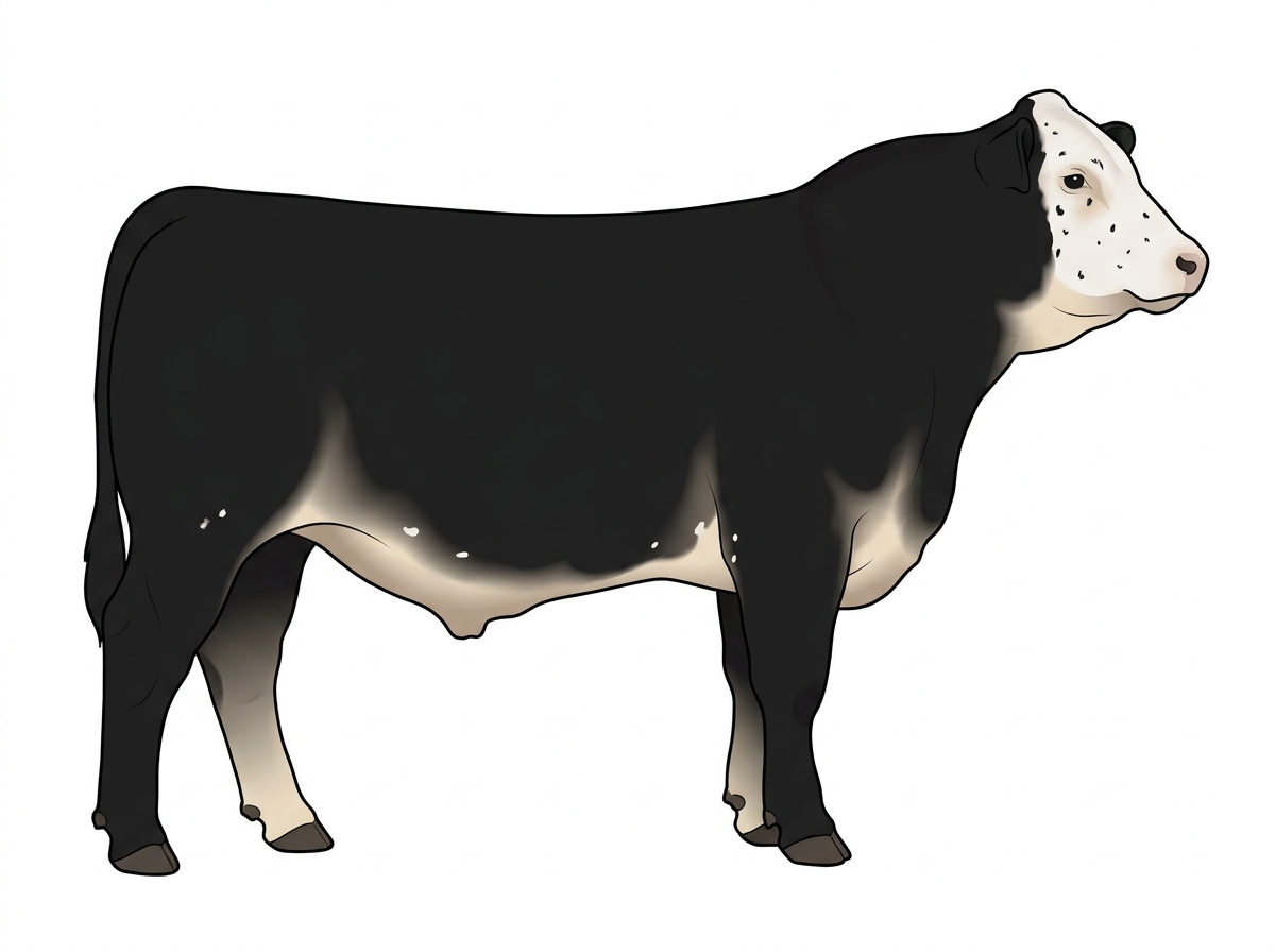 Black with a white face, a few white spots and ticking in the white 3/4 Simmental 1/4 Brahman Steer