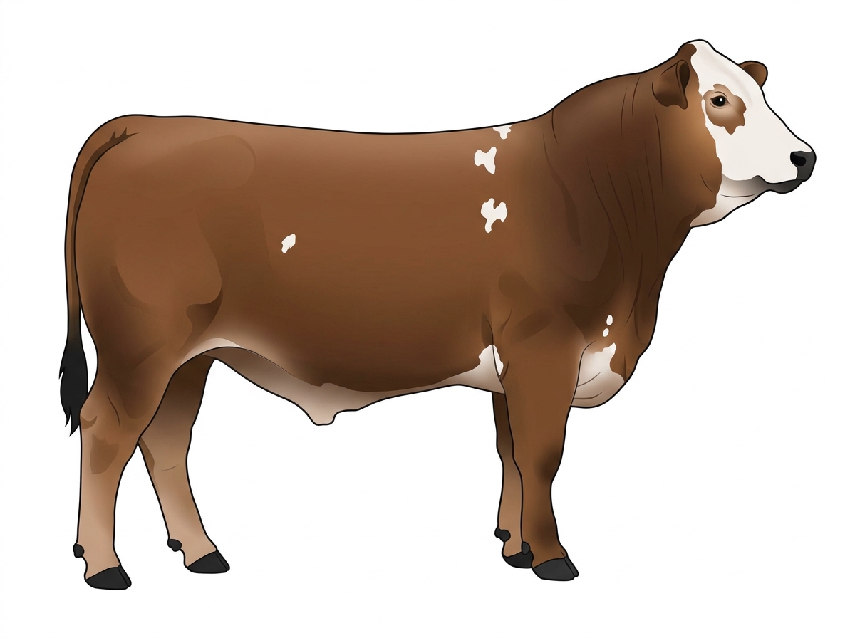 Brown with black points, a white face and a few white spots 3/4 Simmental 1/4 Brahman Steer