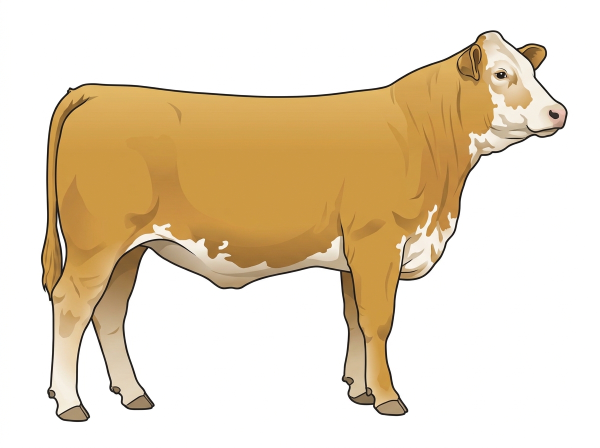Gold with a full white face, white brisket and underline and white spots 3/4 Simmental 1/4 Brahman Heifer