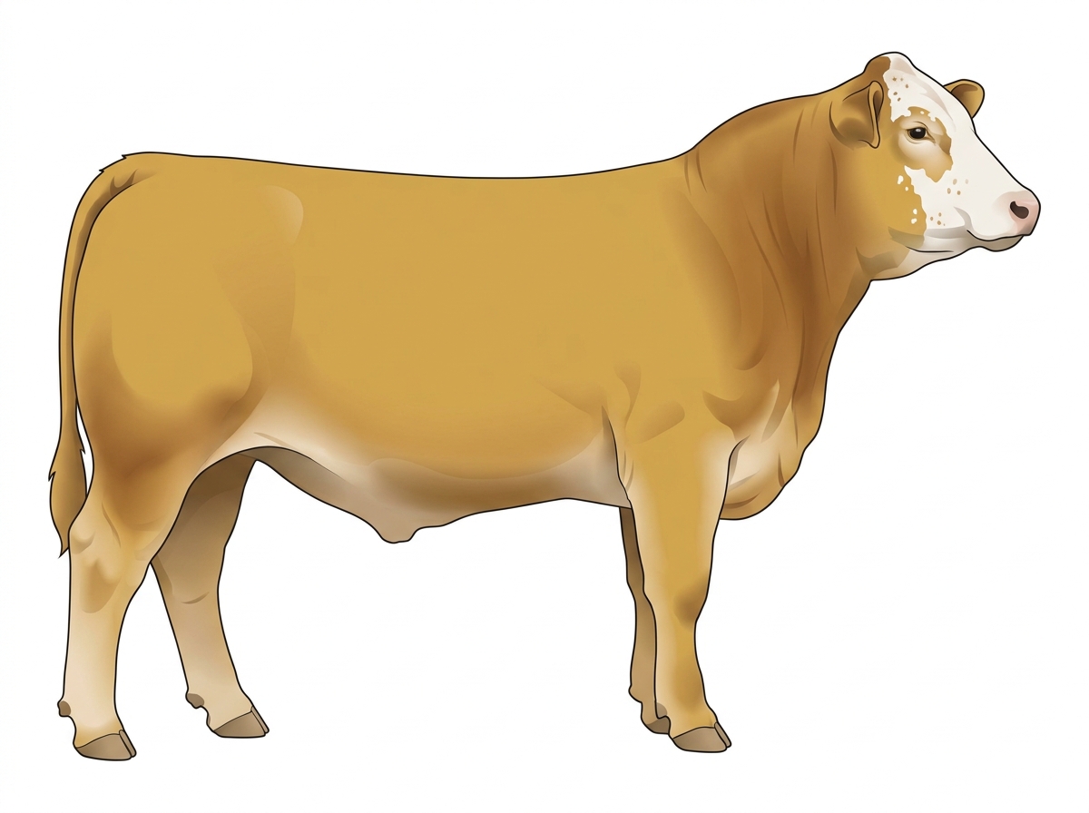 Gold with a white face, a few white spots and ticking in the white 3/4 Simmental 1/4 Brahman Steer