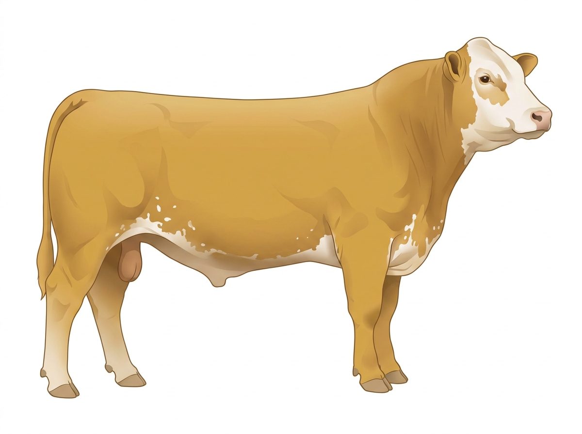 Gold with a white face, white spots and ticking in the white 3/4 Simmental 1/4 Brahman Bull