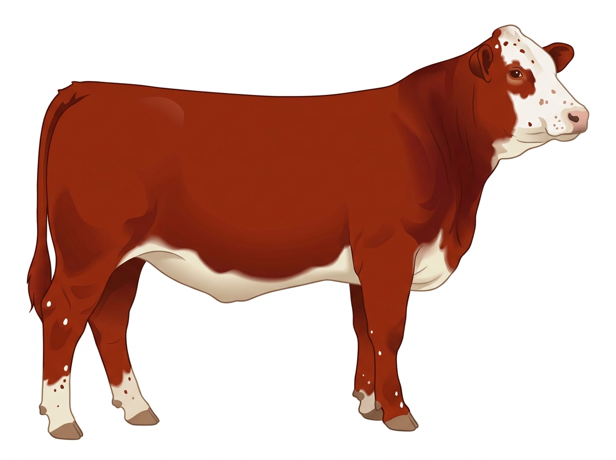 Red with a white face, a few white spots and ticking in the white 3/4 Simmental 1/4 Brahman Cow