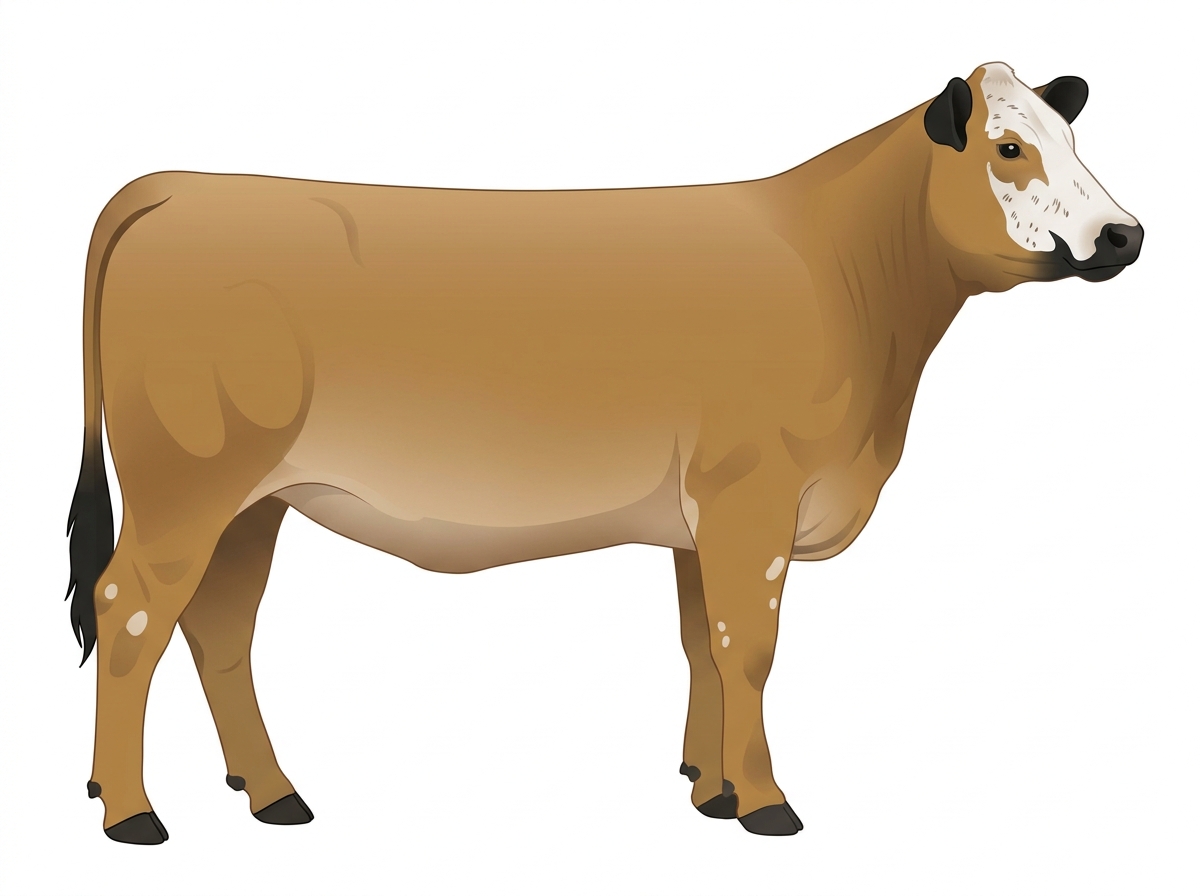 Tan with black points, a white face and ticking in the white 3/4 Simmental 1/4 Brahman Heifer