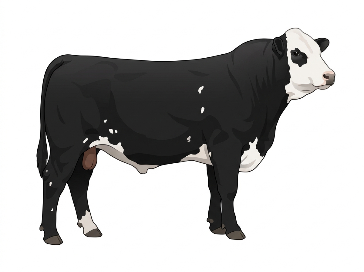 Black with a full white face, white brisket and underline and a few white spots 3/4 Simmental Cross Bull