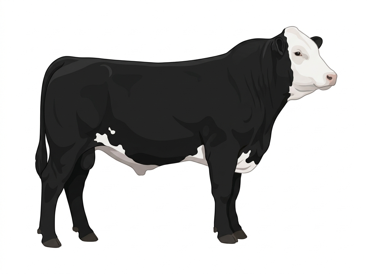 Black with a white face and a few white spots 3/4 Simmental Cross Bull