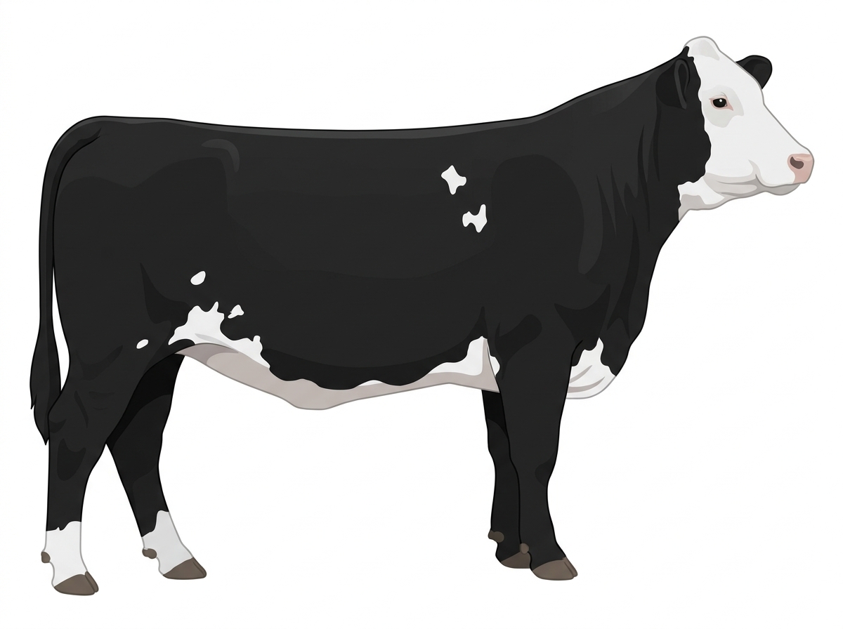 Black with a white face and a few white spots 3/4 Simmental Cross Cow
