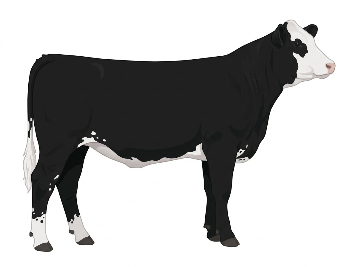 Black with a white face, white spots and ticking in the white 3/4 Simmental Cross Heifer