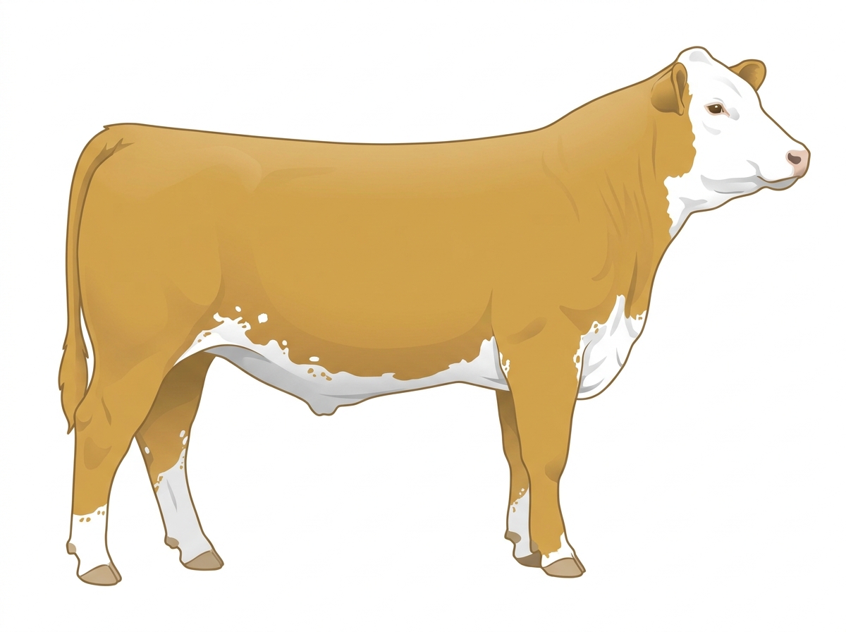 Gold with a full white face, white brisket and underline, a few white spots and ticking in the white 3/4 Simmental Cross Steer