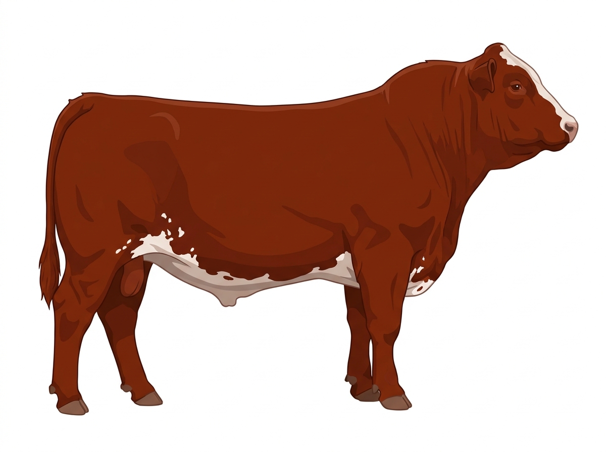 Red with a few white spots and ticking in the white 3/4 Simmental Cross Bull