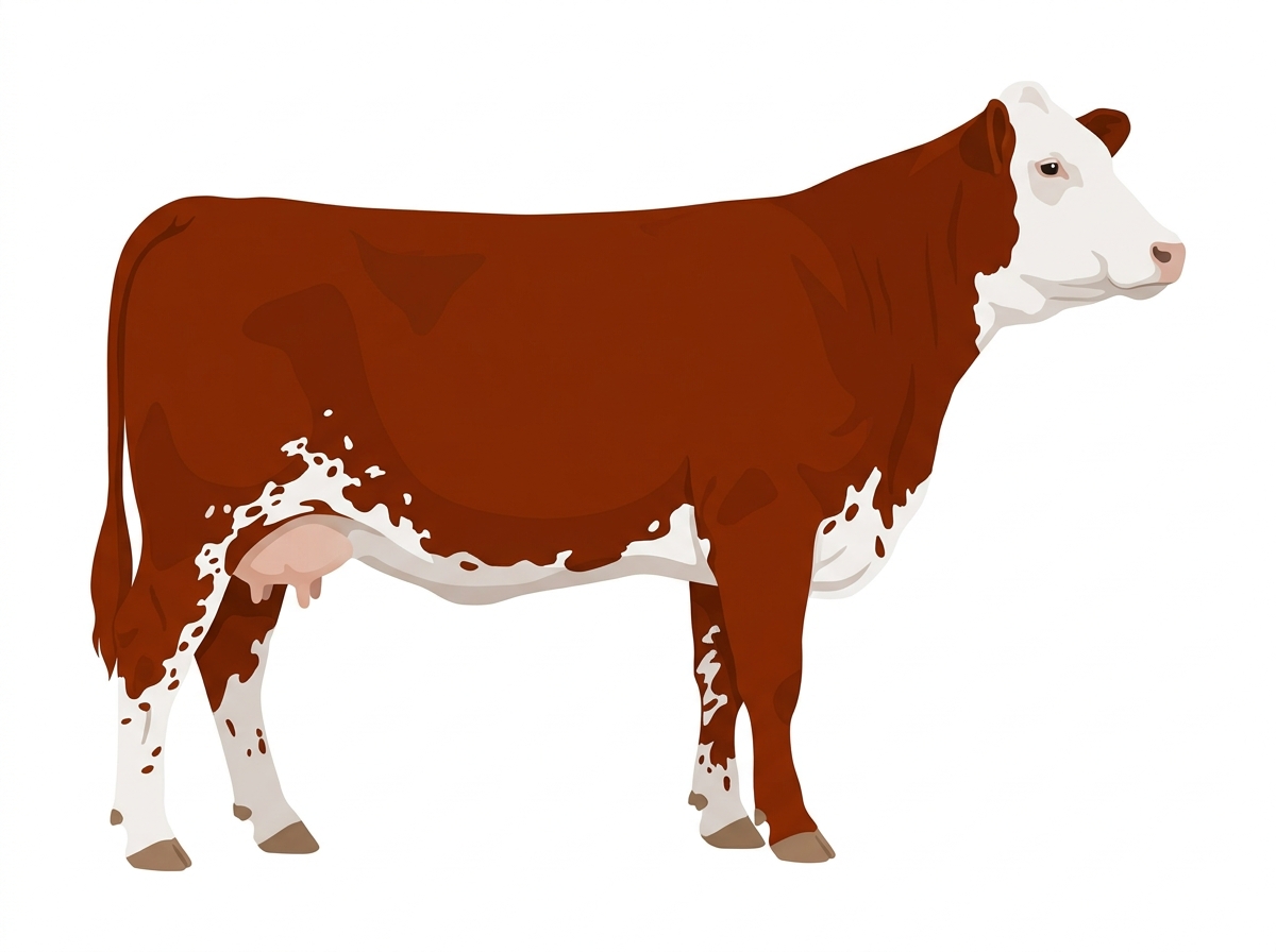 Red with a full white face, white brisket and underline, white spots and ticking in the white 3/4 Simmental Cross Cow