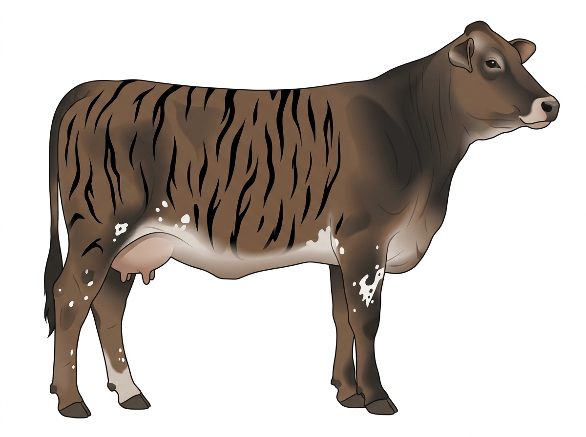 Smoky brindle with black stripes, a few white spots and ticking in the white 5/8 Brahman 3/8 Shorthorn Cow