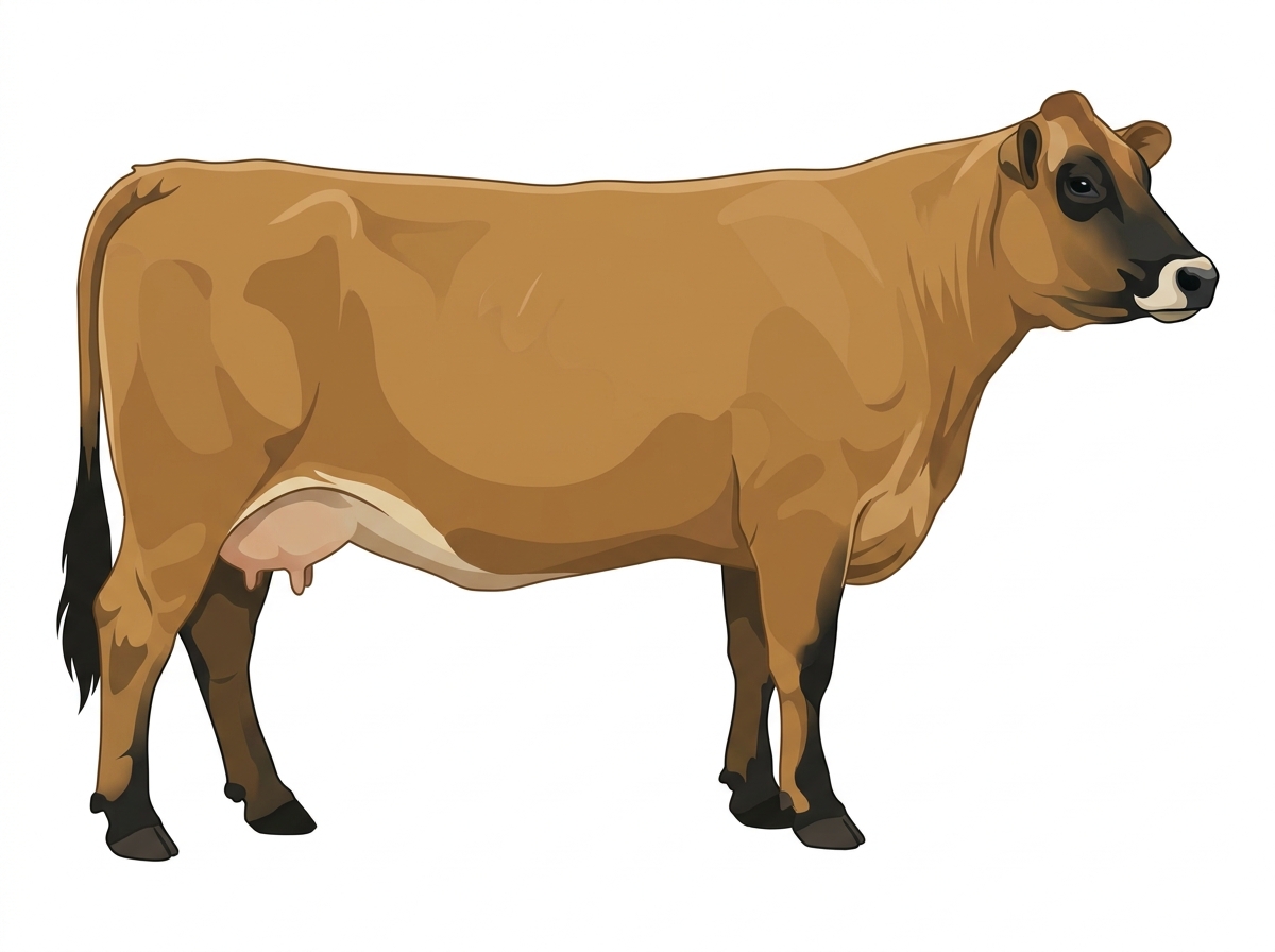Tan with black points and a pale muzzle ring and lighter underline 5/8 Braunvieh Cross Cow