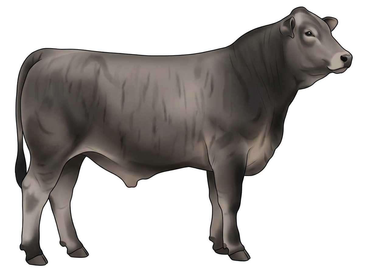 Gray brindle with faint black striping and black points 5/8 Chianina 3/8 Brahman Steer