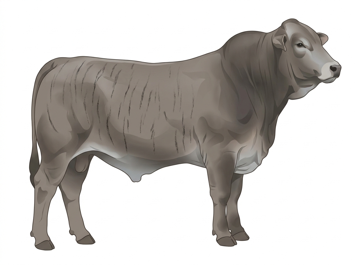 Gray brindle with faint black striping 5/8 Chianina 3/8 Brahman Bull