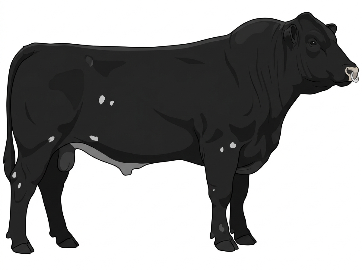 Black with a pale muzzle ring and lighter underline and a few white spots 5/8 Highlander Cross Bull
