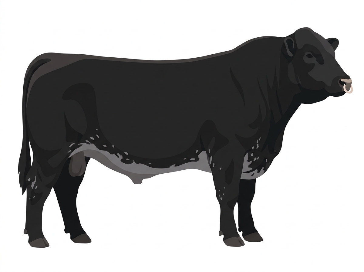 Black with a pale muzzle ring and lighter underline and ticking in the white 5/8 Highlander Cross Bull