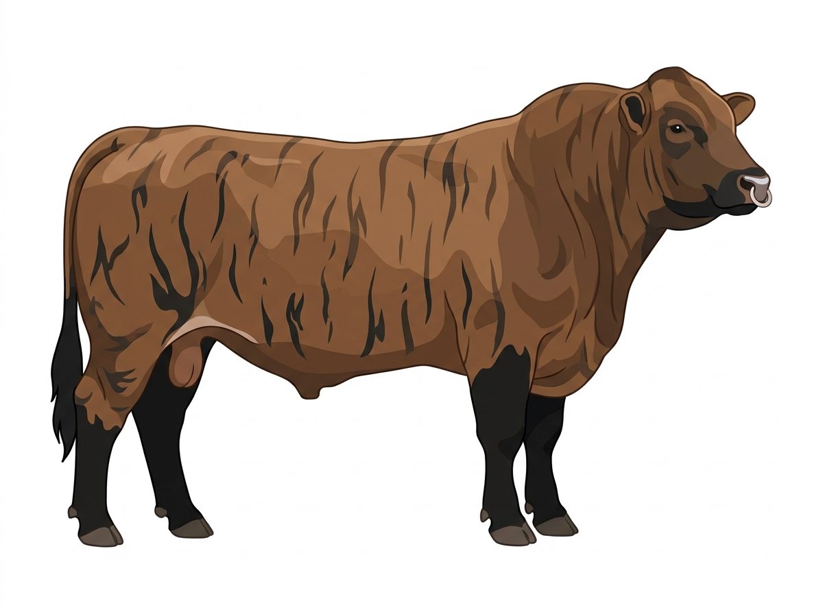 Brown brindle with black stripes, black points and a pale muzzle ring and lighter underline 5/8 Highlander Cross Bull