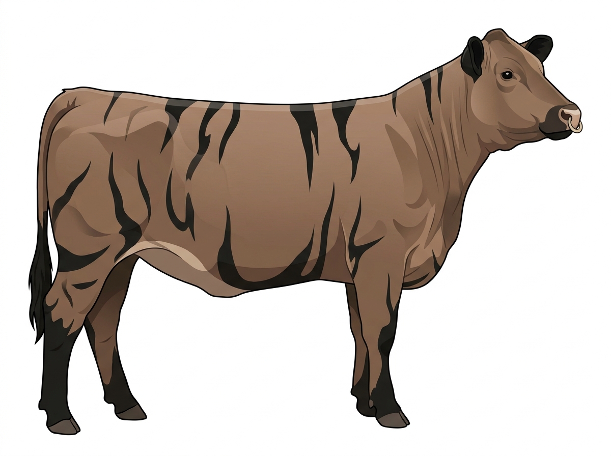 Brown brindle with black stripes, black points and a pale muzzle ring and lighter underline 5/8 Highlander Cross Heifer