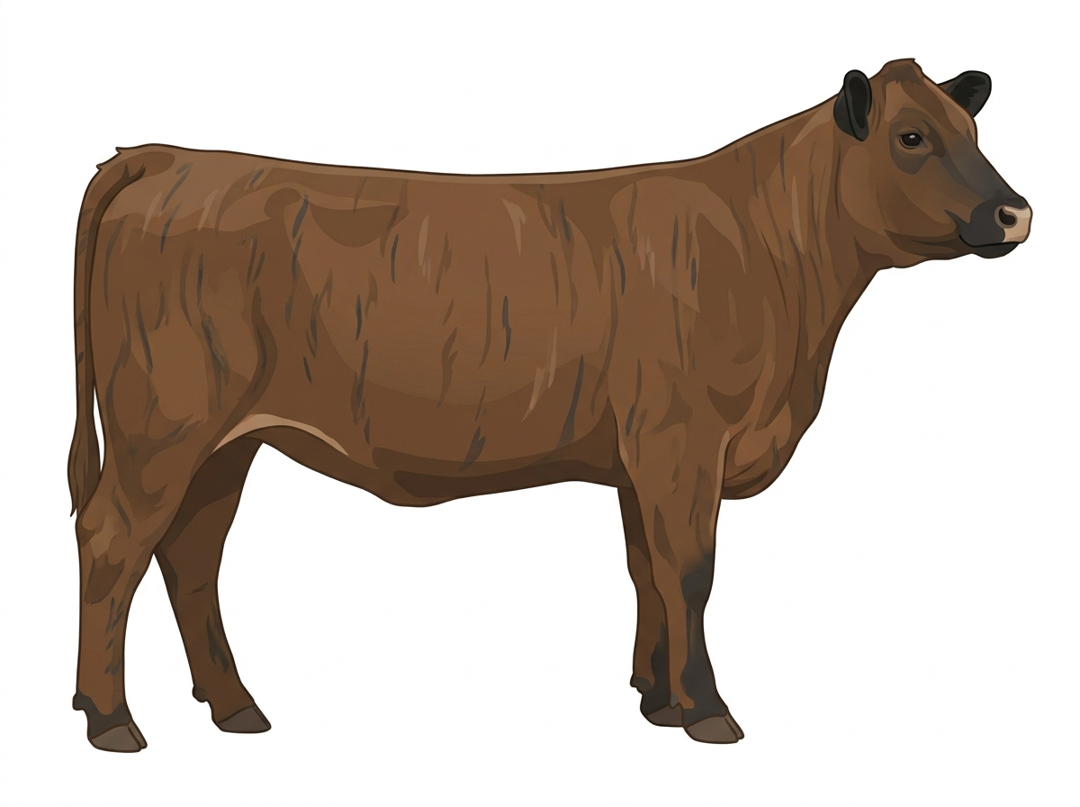 Brown brindle with faint black striping, black points and a pale muzzle ring and lighter underline 5/8 Highlander Cross Heifer