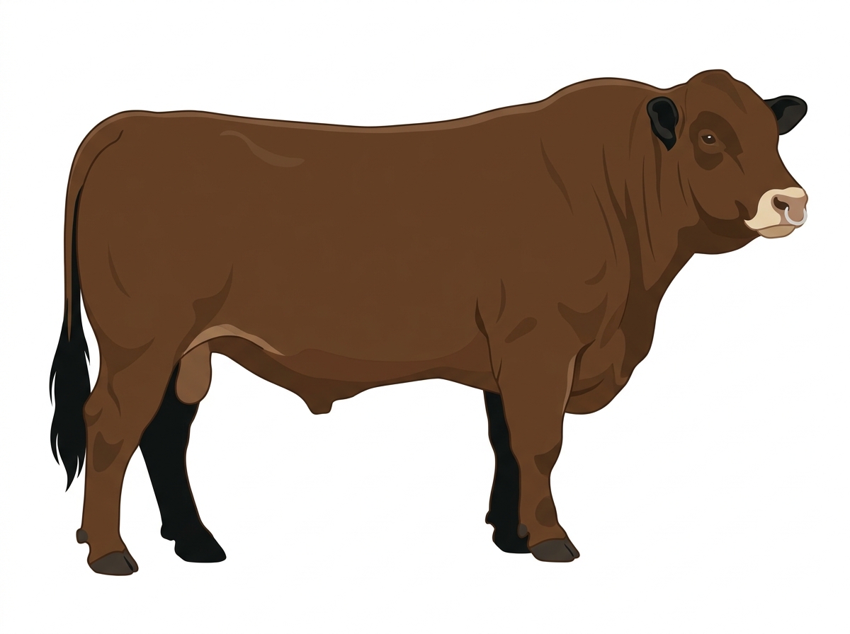 Brown with black points and a pale muzzle ring and lighter underline 5/8 Highlander Cross Bull