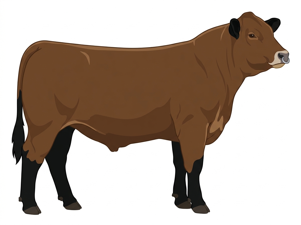 Brown with black points and a pale muzzle ring and lighter underline 5/8 Highlander Cross Steer