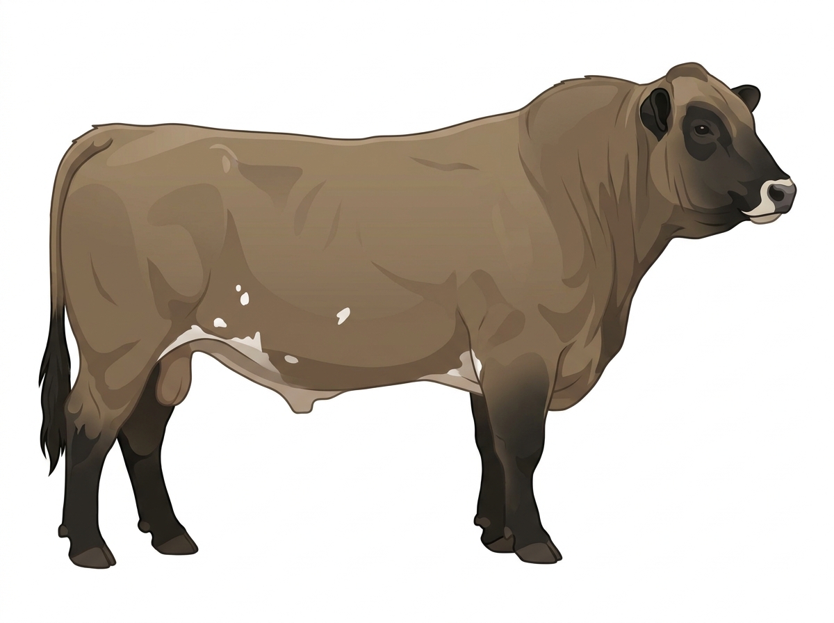 Dun with black points, a pale muzzle ring and lighter underline and a few white spots 5/8 Highlander Cross Bull