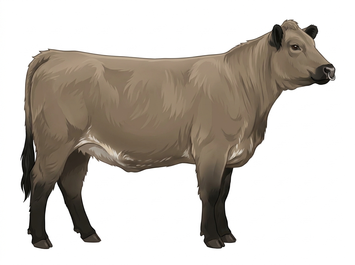 Dun with black points, a pale muzzle ring and lighter underline and ticking in the white 5/8 Highlander Cross Heifer