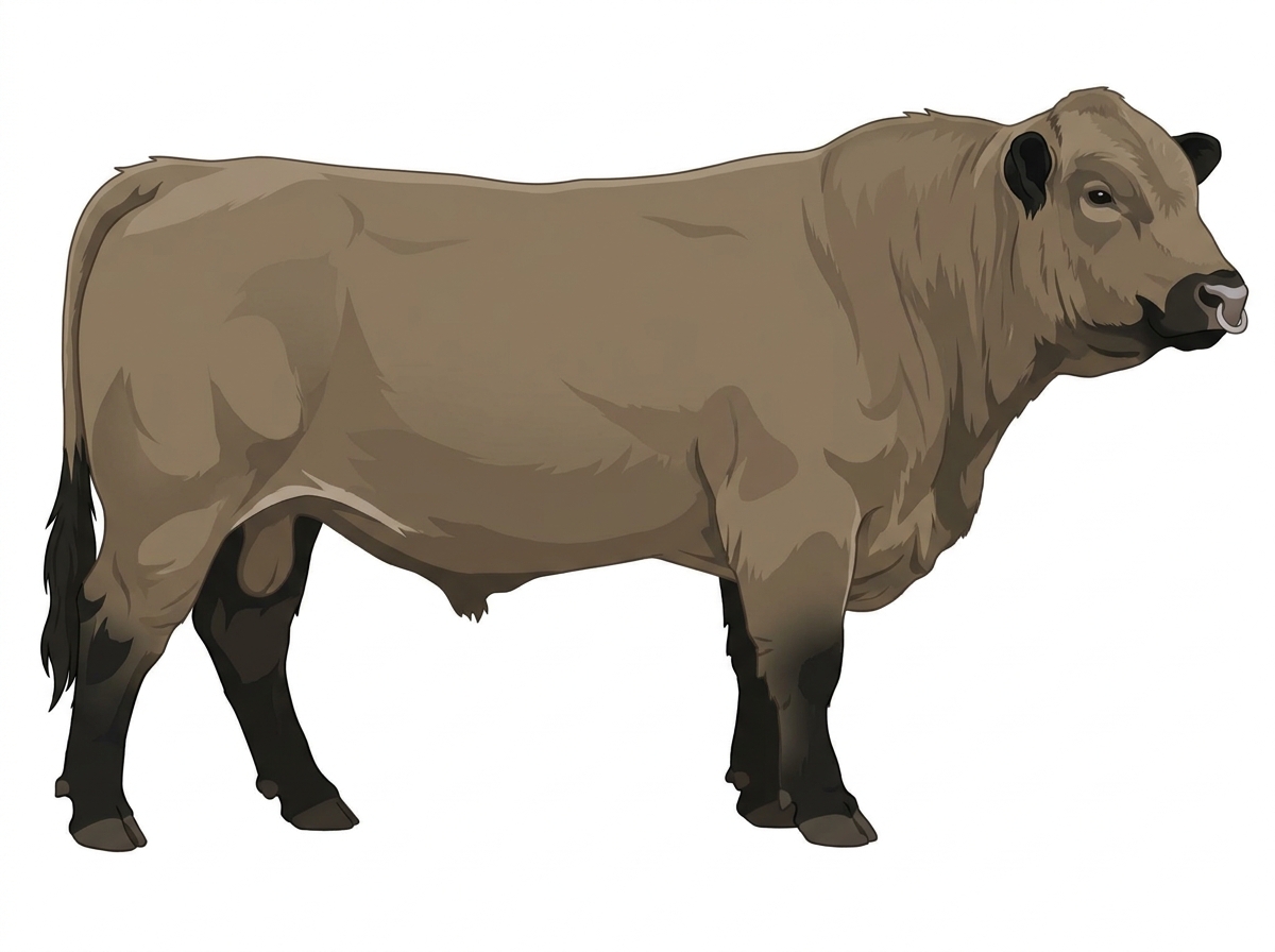 Dun with black points and a pale muzzle ring and lighter underline 5/8 Highlander Cross Bull