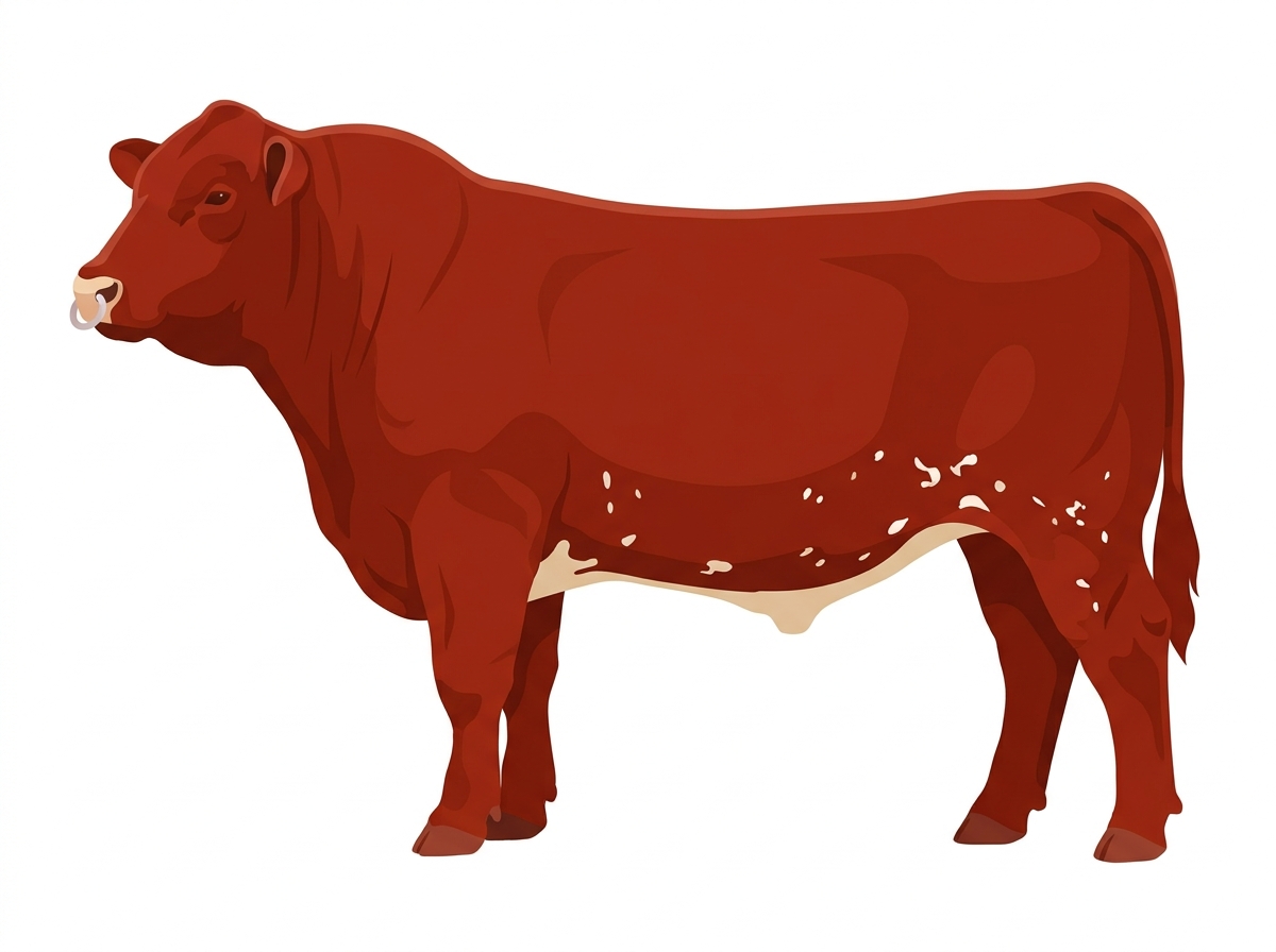 Red with a pale muzzle ring and lighter underline, a few white spots and ticking in the white 5/8 Highlander Cross Bull
