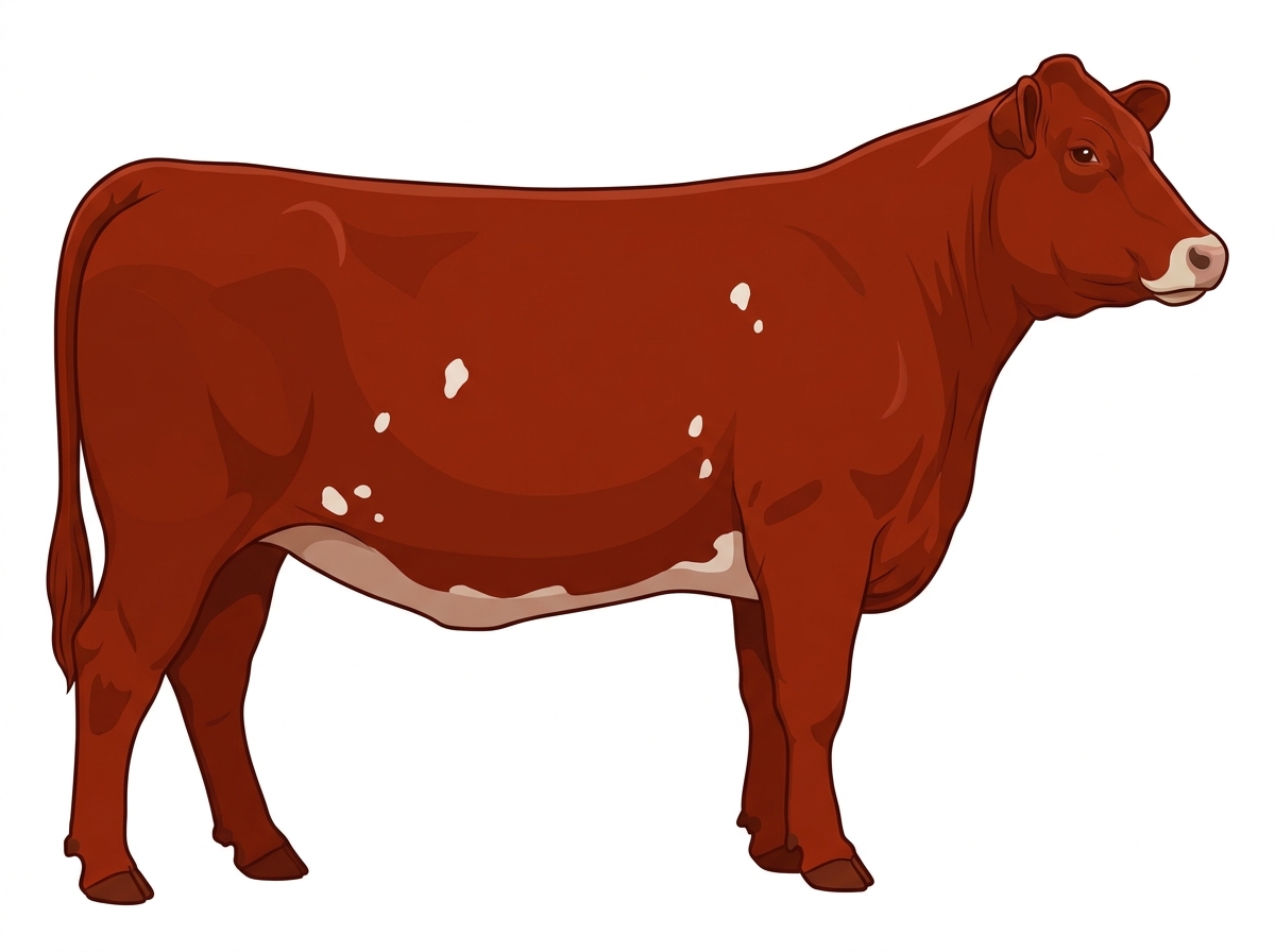 Red with a pale muzzle ring and lighter underline and a few white spots 5/8 Highlander Cross Cow