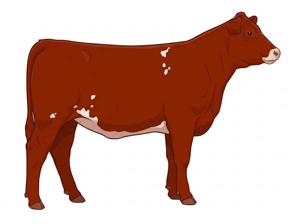 Red with a pale muzzle ring and lighter underline and a few white spots 5/8 Highlander Cross Heifer