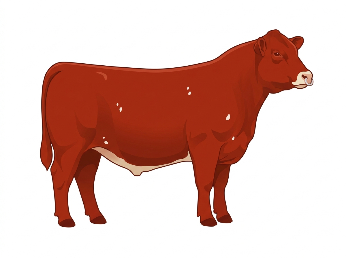 Red with a pale muzzle ring and lighter underline and a few white spots 5/8 Highlander Cross Steer