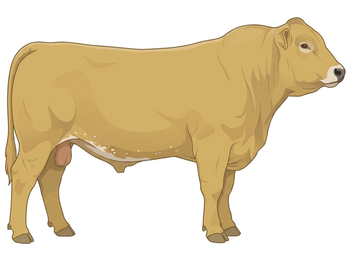 Yellow Dun with a pale muzzle ring and lighter underline, a few white spots and ticking in the white 5/8 Highlander Cross Bull