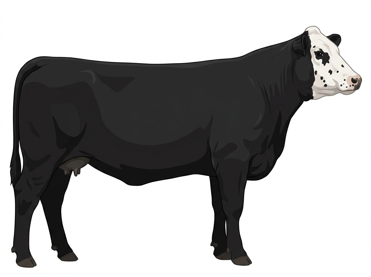 Black with a white face, a few white spots and ticking in the white 5/8 Simmental Cross Cow