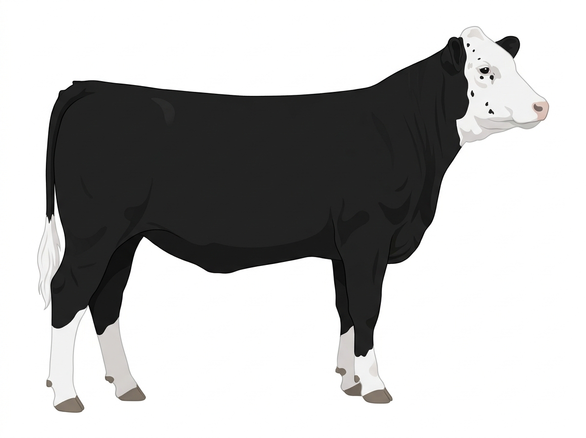 Black with a white face, a few white spots and ticking in the white 5/8 Simmental Cross Heifer