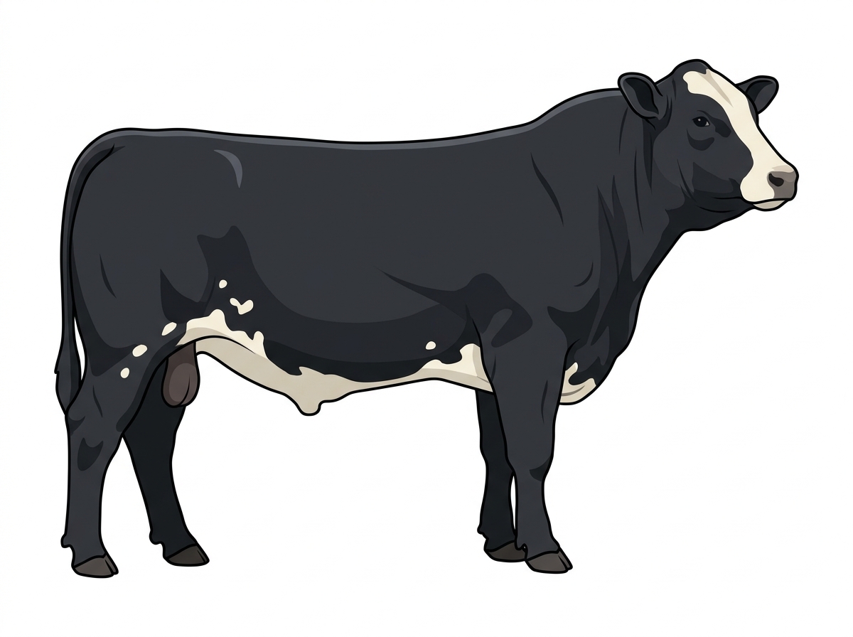 Black with a white face and a few white spots 5/8 Simmental Cross Bull