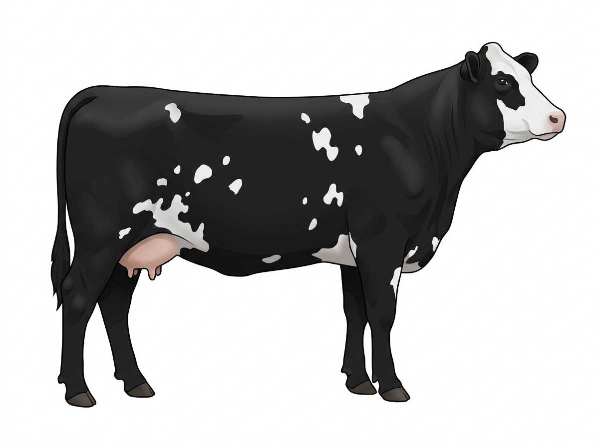 Black with a white face and white spots 5/8 Simmental Cross Cow
