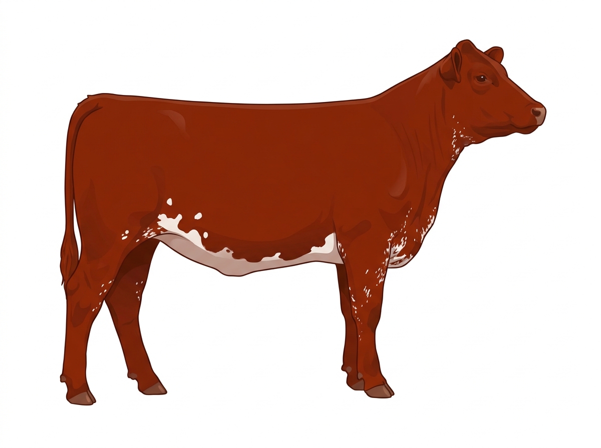 Red with a few white spots and ticking in the white 5/8 Simmental Cross Heifer