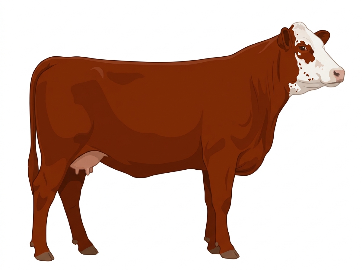 Red with a white face, a few white spots and ticking in the white 5/8 Simmental Cross Cow